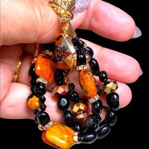 🧡🖤black and orange agate and rhodochrosite bracelet-artisan 7”